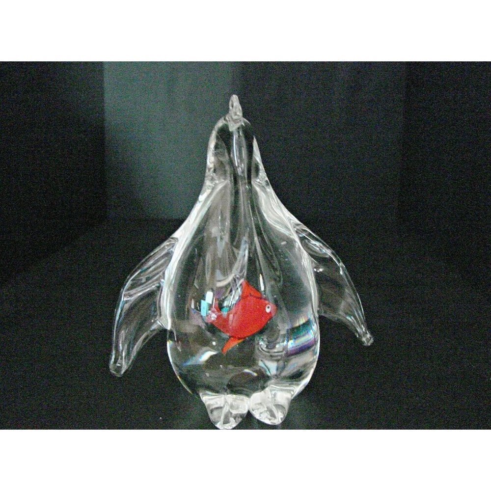 Clear Glass Penguin Figurine with Red Fish Inside Belly Artisan Paperweight Deco - Picture 10 of 12